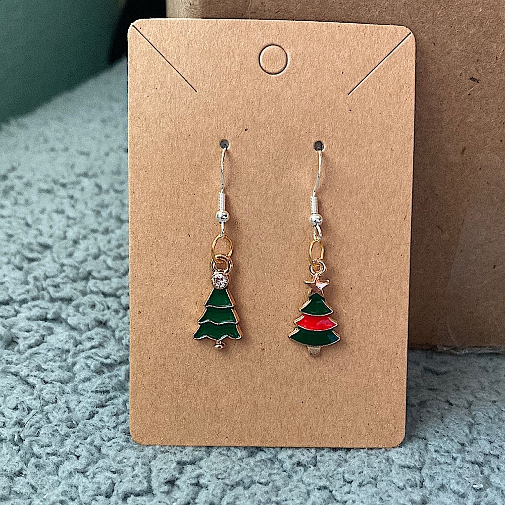 Green and red Christmas tree earrings